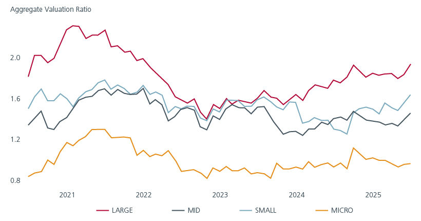 Fig. 5. Trailing 12 months price-to-book (PB) across market-cap segments