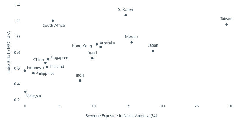 Fig. 3. Index beta to MSCI USA vs revenue exposure to North America